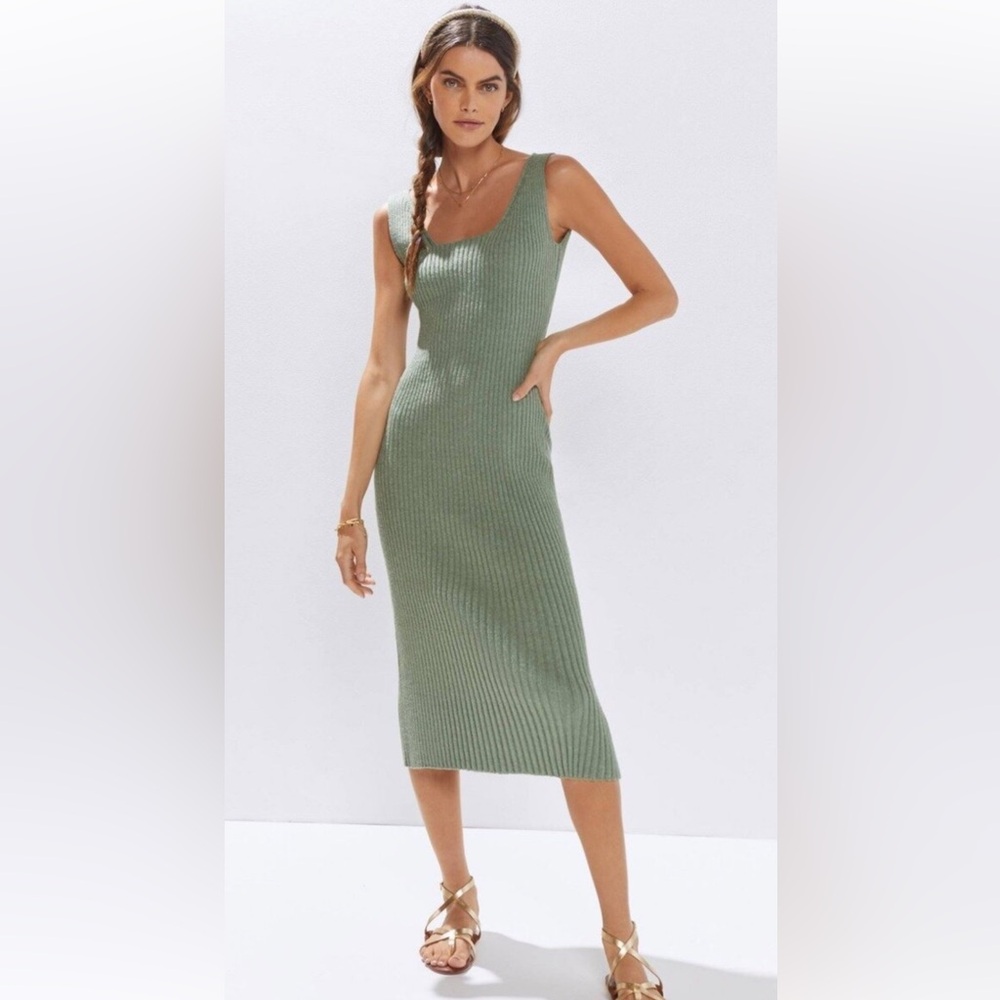 Anthropologie by Amadi Moss Green Ribbed Knit Midi Dress. NWT